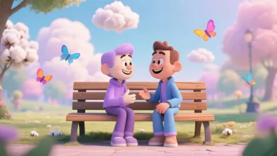 Pastel tonlarda hayali bir park sahnesi: iki çizgi karakter, yumuşak mor ve mavi tonlarda, bankta oturup gülümseyerek sohbet ediyor; arka planda bulutlar ve hafifçe uçuşan kelebekler; gerçekçi değil, rüya gibi bir dostluk atmosferi