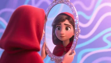 Pastel tonlarda hayali bir karakter, üzerinde kızıl renk bir pelerin, önünde ise parlak bir ayna tutuyor. Arka planda yumuşak mor ve mavi tonlarda bulanık zaman çizgileri. Stil: rüya gibi, soyut, duygusal