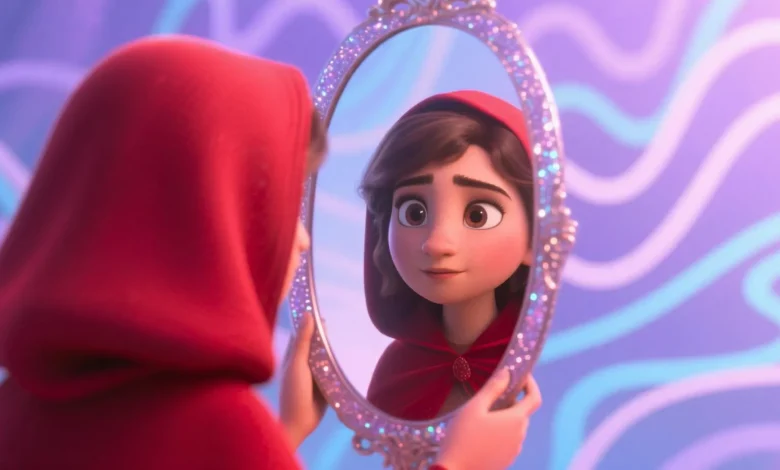 Pastel tonlarda hayali bir karakter, üzerinde kızıl renk bir pelerin, önünde ise parlak bir ayna tutuyor. Arka planda yumuşak mor ve mavi tonlarda bulanık zaman çizgileri. Stil: rüya gibi, soyut, duygusal