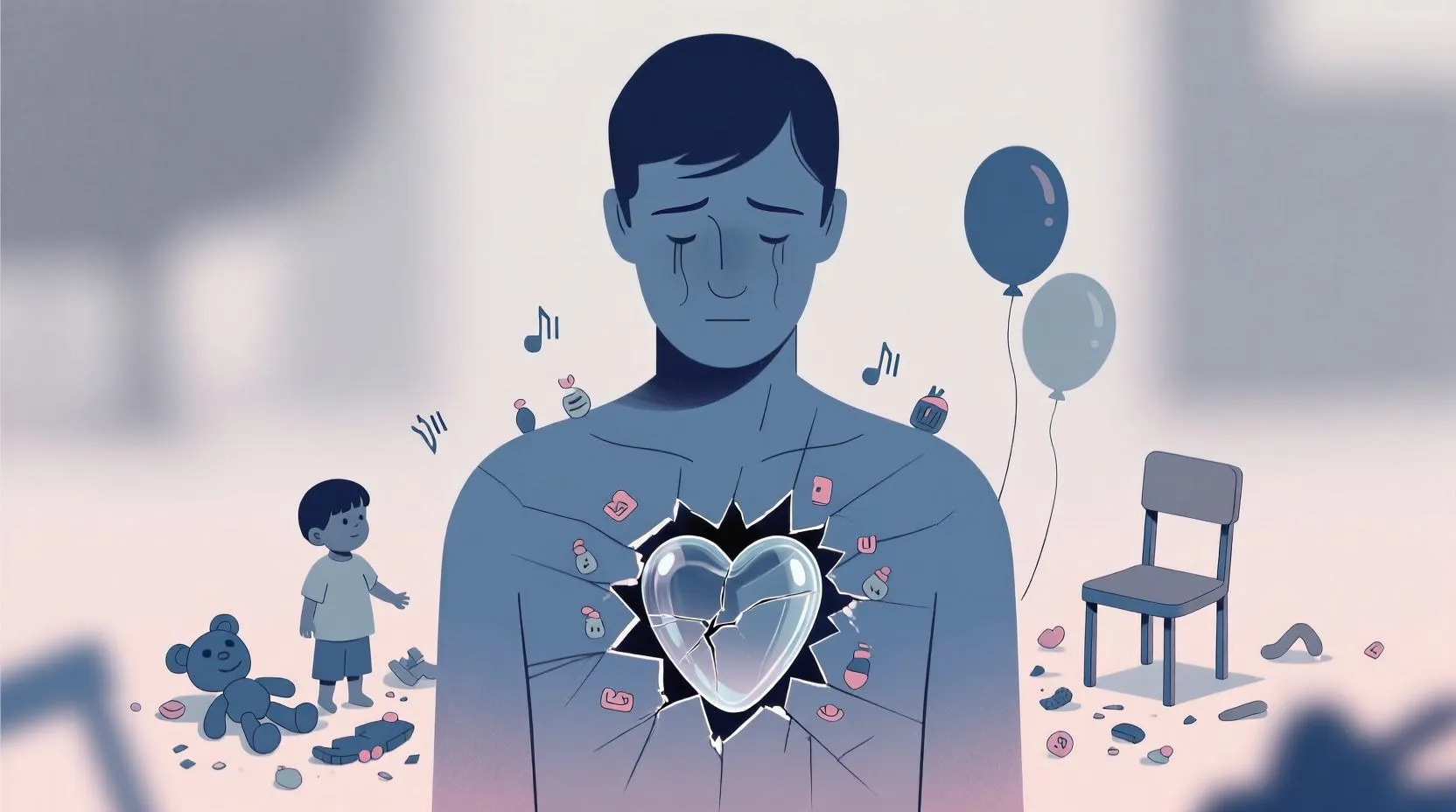 Bir insanın göğsünde küçük ama derin çatlaklarla kaplı cam bir kalp, etrafında küçük olayları temsil eden semboller (boş sandalye, kırık oyuncak, susturulmuş ses balonları). Pastel gri ve lacivert tonlar.