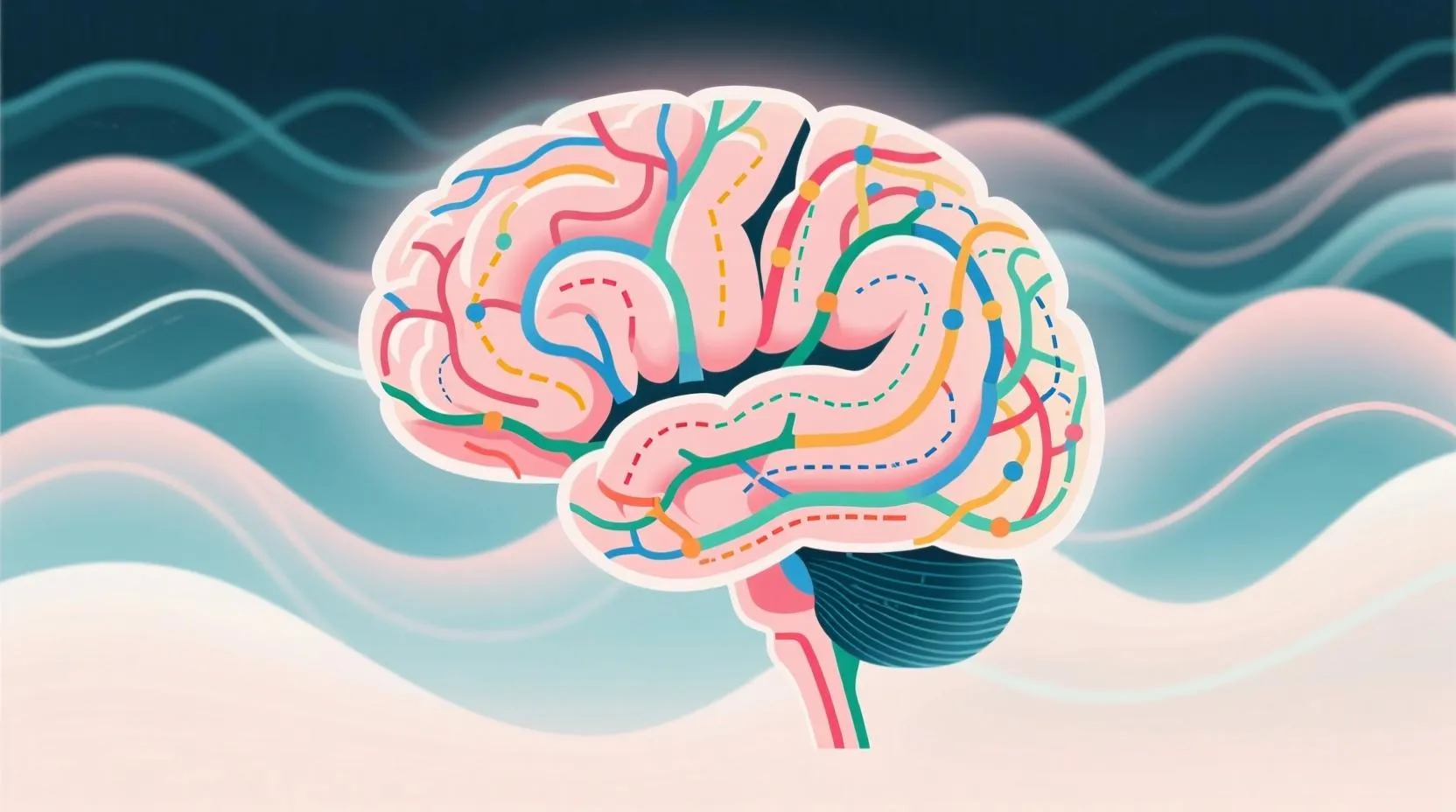 Beyin şeması üzerinde renkli nöron bağlantıları, bazı hatlar kırık, bazıları aşırı yoğun. Arka planda sinir sistemi dalgalanmaları. Stil: bilimsel ama pastel tonlarda, yumuşak ışık efektleri.