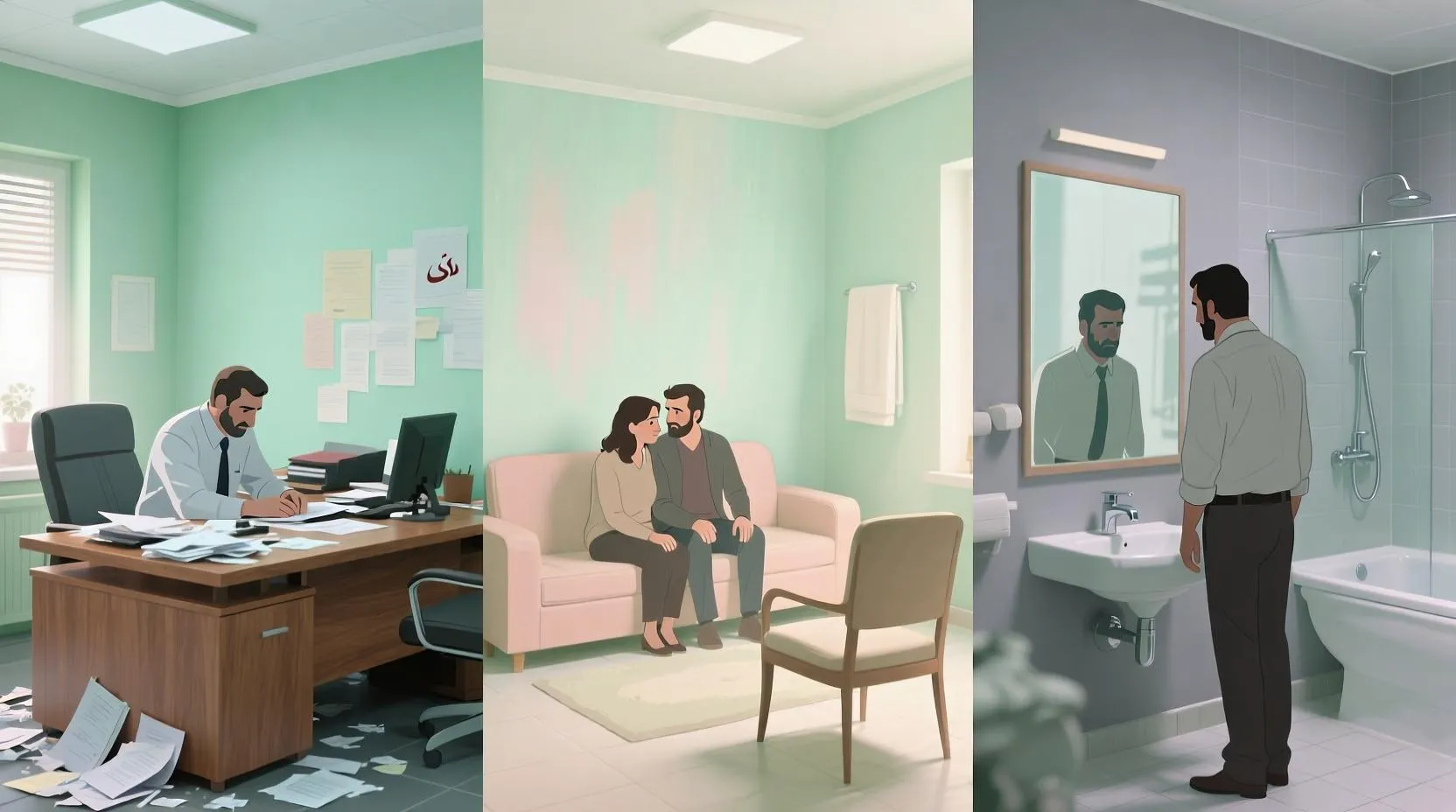 Üç sahne: bir ofis masasında donmuş bir çalışan, bir ilişkide geri çekilen çift, bir kişinin aynada kendine sert bakışı. Hepsi pastel tonlarda, arka plan bulanık, duygusal atmosfer.