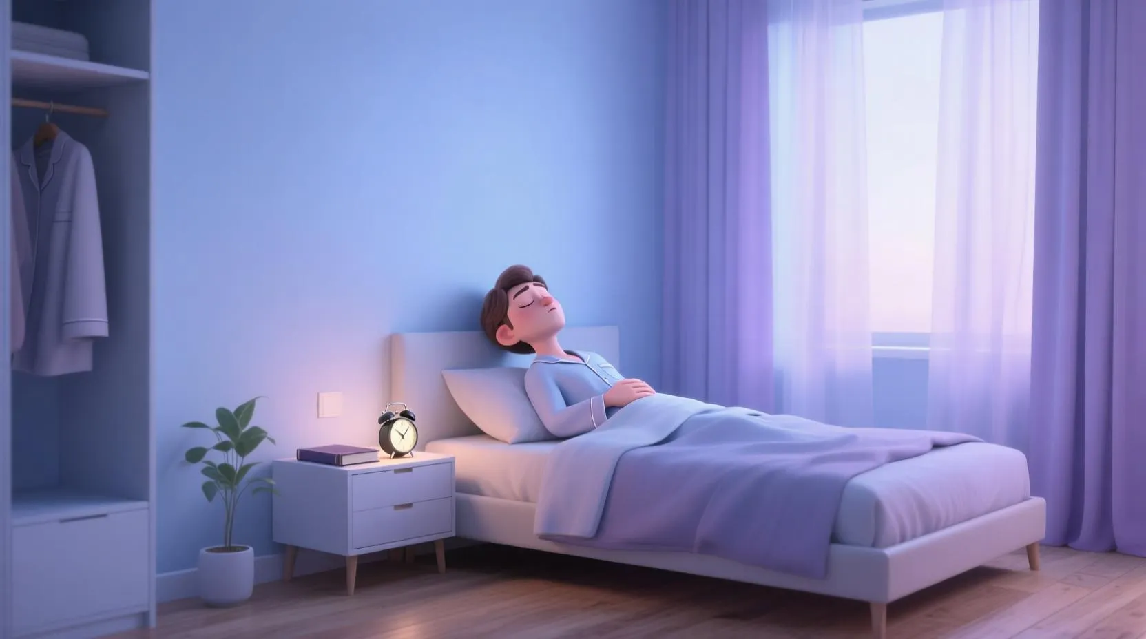 Hayali bir karakterin alarmı kapatmadan önce derin nefes aldığını gösteren, yatak odasında hafif mavi ve mor tonlarda minimalist bir tasarım, yumuşak ışıklandırma