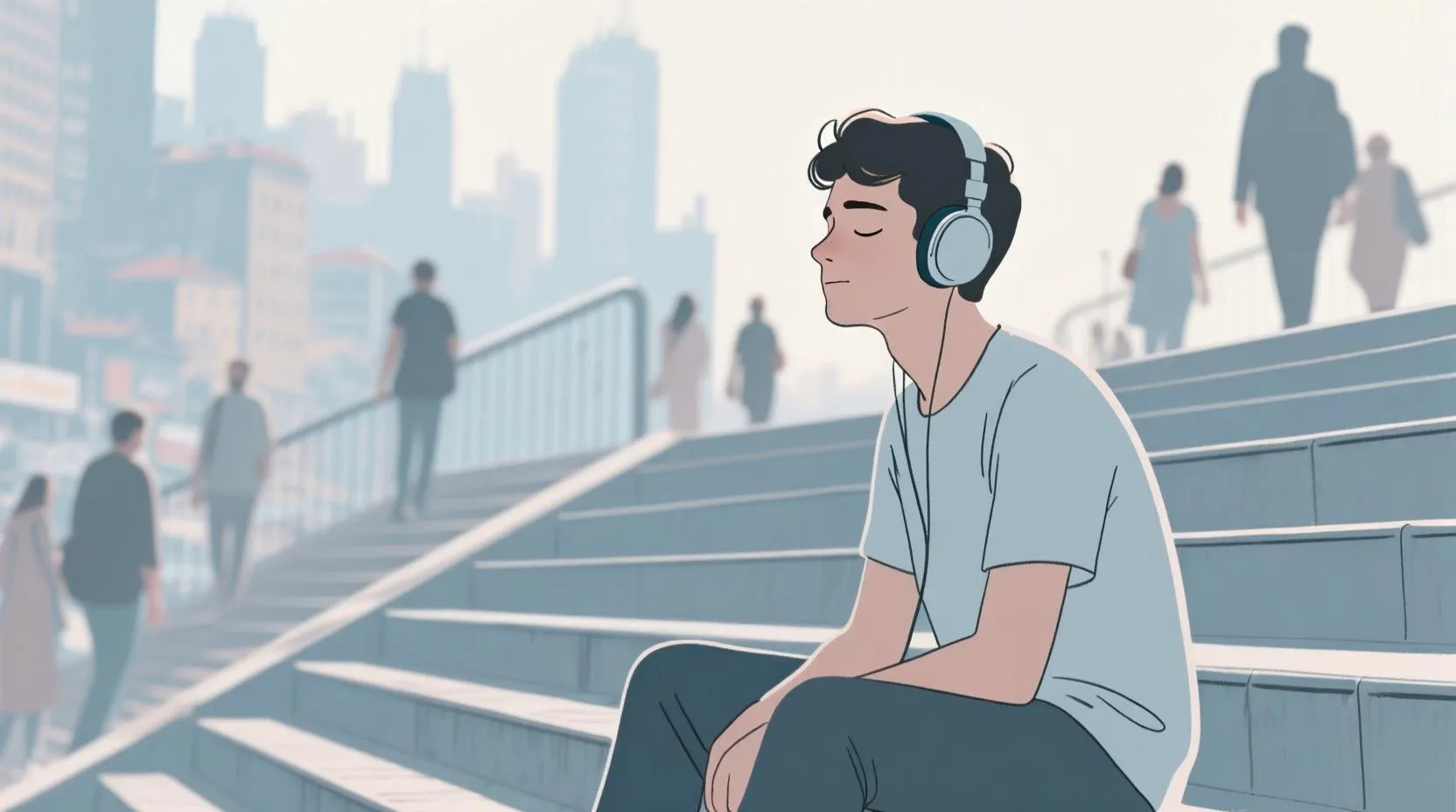 Bir erkek figür, şehir merdivenlerinde oturmuş, kulaklık takmış, gözleri kapalı, etrafında hafif bulanıklaşmış insan figürleri, odak onda; pastel gri ve mavi tonlar, minimalist çizim