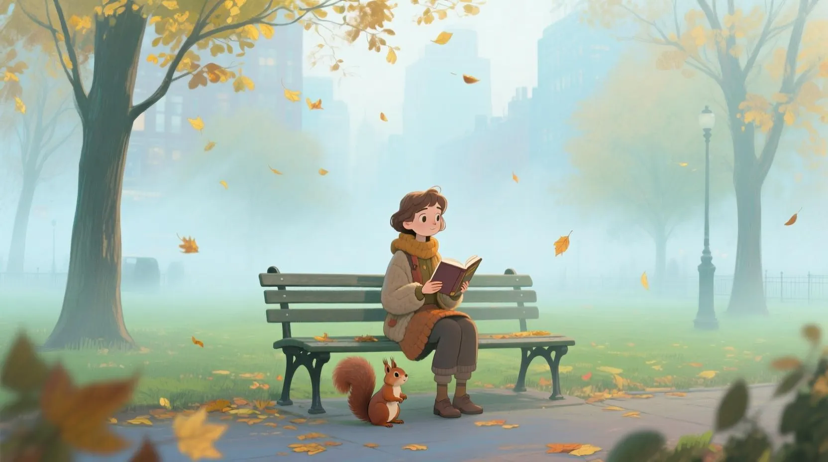Şehir parkında oturan hayali bir karakter, etrafında yaprak döken ağaçlar, elinde kitap, ayaklarının dibinde bir sincap, pastel yeşil ve mavi tonlar hakim, hafif sisli sabah atmosferi