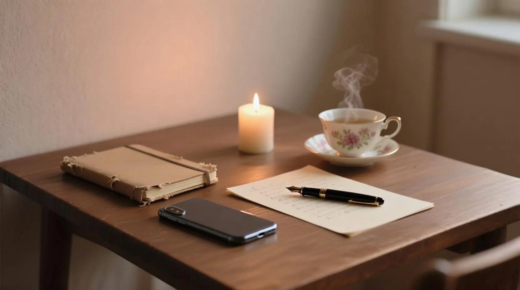 Masanın üzerinde kapalı bir akıllı telefon, yanında bir defter ve kalem, arka planda mum ışığı ve bir fincan çay, pastel kahverengi ve krem tonlar, sakin bir akşam atmosferi
