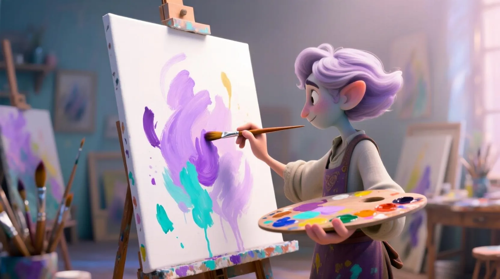 Hayali bir karakterin elinde su boyası fırçası, beyaz bir tuvalde renklerin yayıldığı an, etrafında pastel mor ve turkuaz lekeler, yumuşak ışıkla aydınlatılmış atölye ortamı"
