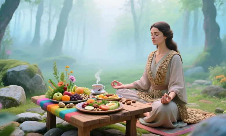 Pastel tonlarda, hayali bir meditasyon bahçesinde oturan sakin bir figür, önünde yavaşça buharı tüten bir çay fincanı ve doğal malzemelerle hazırlanmış renkli bir yemek tabağı; arka planda yumuşak ışık ve hafif sisli bir orman manzarası, ruhsal sakinliği ve farkındalıkla yeme temasını simgeliyor.