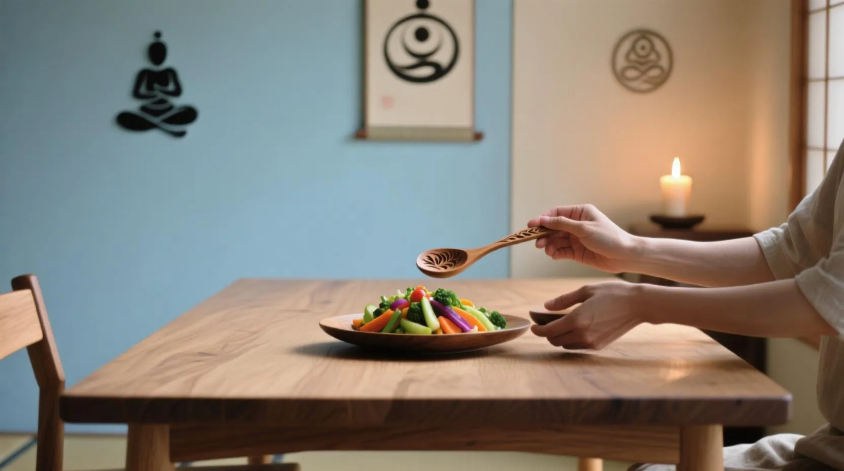 Minimalist bir masa üzerinde, ellerle yavaşça tutulan ahşap bir kaşık ve içinde renkli sebzelerle hazırlanan bir yemek; arka planda yumuşak mavi ve bej tonlarında duvar, üzerinde zen sembolleri ve bir mum ışığı — bilinçli yeme atmosferini yansıtan detaylar.