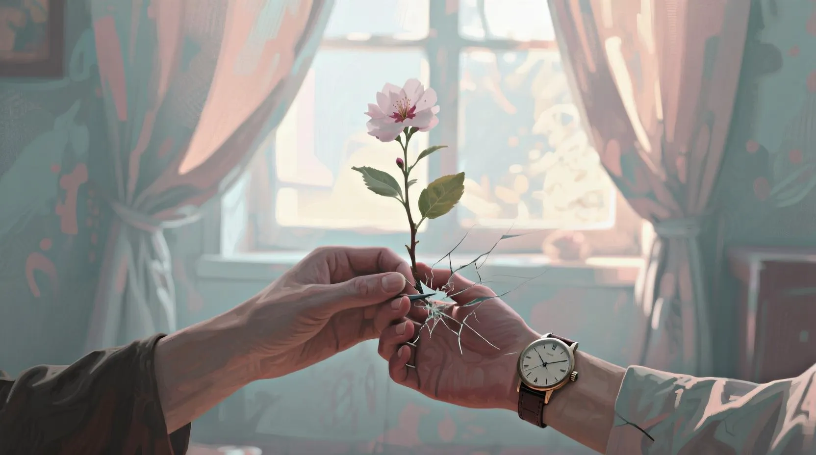 Soyut bir sahne; bir elin diğer eli tuttuğu, aralarında kırık bir saatin yavaşça tamir edildiği, arka planda ışık huzmeleriyle aydınlatılmış bir odada simgesel bir sabır çiçeği açıyor.