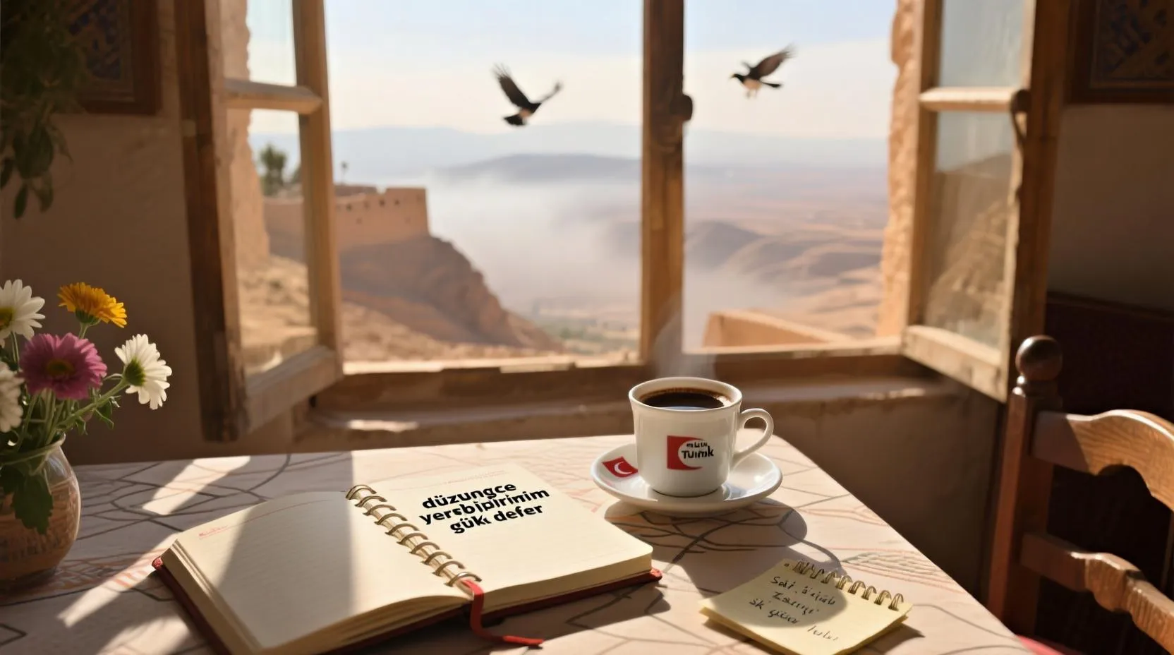 Masada düzenli bir günlük, yanında fincan kahve ve kurşun kalem; pencereden güneş ışığı giriyor; sakin, düzenli ve umut dolu bir sabah sahnesi