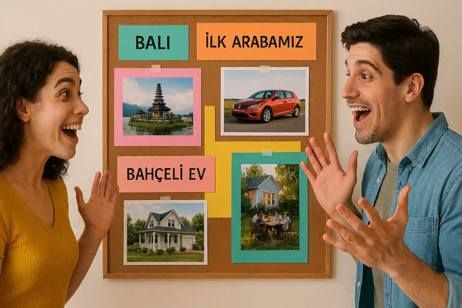 Duvara asılmış, renkli karton ve fotoğraflardan oluşan bir vizyon panosu; üzerinde 'Bali', 'İlk Arabamız', 'Bahçeli Ev' gibi etiketler; iki karakter sevinçle panoya bakıyor.