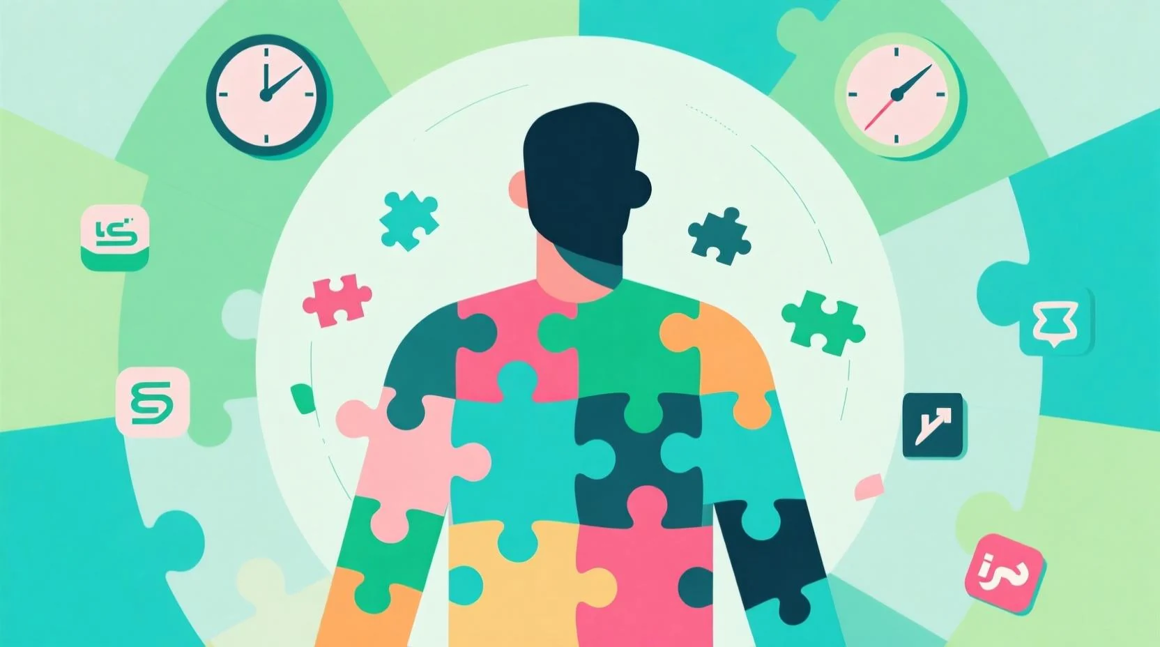 Adaptasyon illüstrasyonu: puzzle parçalarıyla değişen figür, arka planda saat ve dönüşüm simgeleri, pastel yeşil ve turkuaz tonlar.  