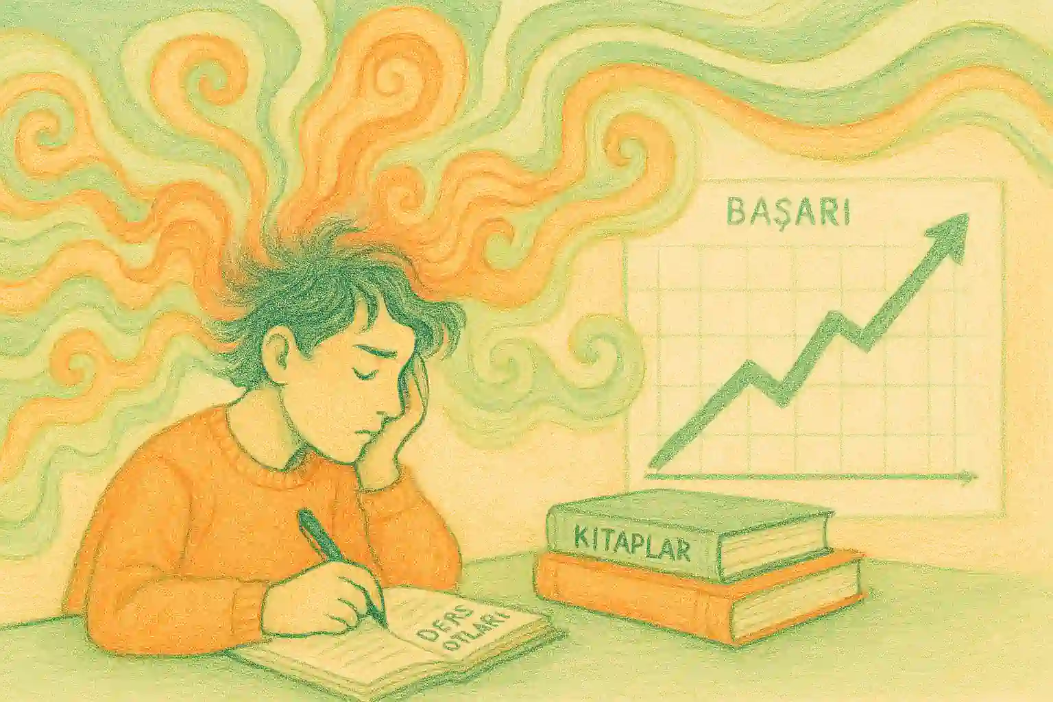 Öğrenci, duygusal zekâ dalgaları ve başarı grafiği ile pastel tonlarda dijital illüstrasyon.