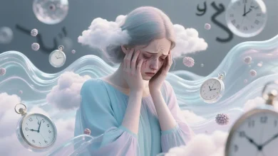 Kadın figürü, başını elleriyle kapatmış, etrafında endişe bulutları ve saatlerle ruhsal stresi simgeliyor.