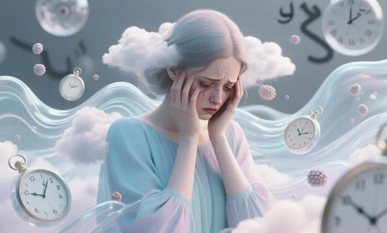Kadın figürü, başını elleriyle kapatmış, etrafında endişe bulutları ve saatlerle ruhsal stresi simgeliyor.
