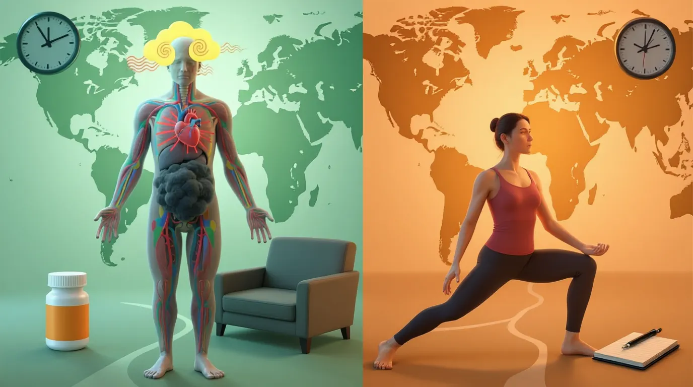 İnsan figürü, iki yol arasında seçim yapıyor: ilaç ve terapi koltuğu ile yoga ve journaling sembolleri.