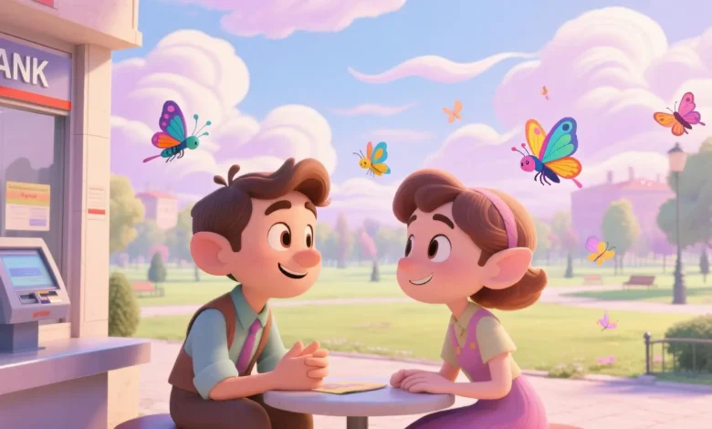 Pastel tonlarda çizilmiş iki hayali karakter, bir bankta oturup samimi bir sohbet ediyor; arka planda yumuşak mor ve mavi tonlarda bir park manzarası, bulutlar ve kelebekler uçuşuyor, duygusal bağ ve güven teması vurgulanıyor