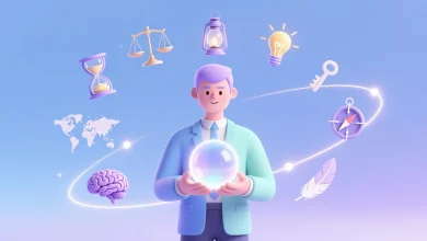 Pastel tonlarda hayali girişimci figür, elinde ışıklı strateji küresi, etrafında sembolik ikonlarla çevrili, ilham verici ve minimalist stil.