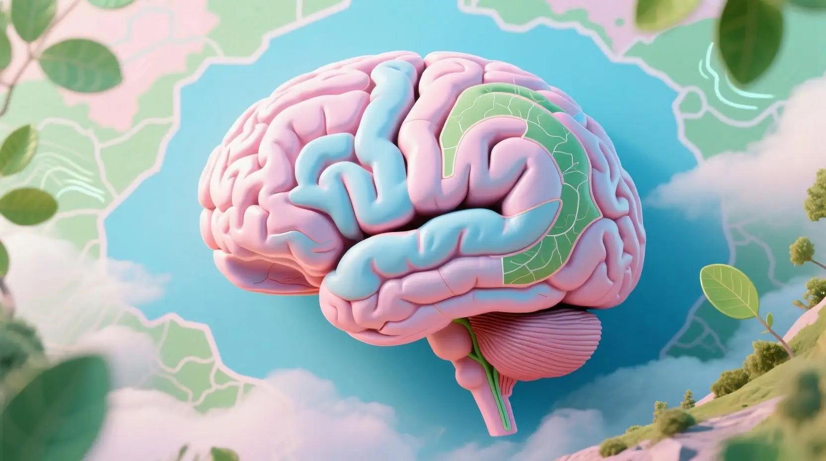 Beyin haritası: pastel mavi ve pembe tonlarda, yürüyüş sırasında aktivasyon gösteren ön frontal korteks, insula ve parietal lob; hafif ışık dalgaları ve yeşil yapraklarla sanatsal stil.