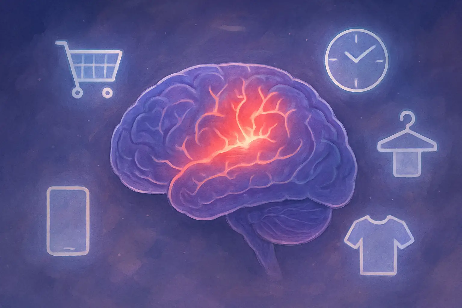 Pastel mor ve lacivert beyin haritası, prefrontal korteks kırmızı ışıkla parlıyor, diğer bölgeler gri-beyaz; etrafında alışveriş sepeti, saat, giysi askısı ve telefon ikonları.