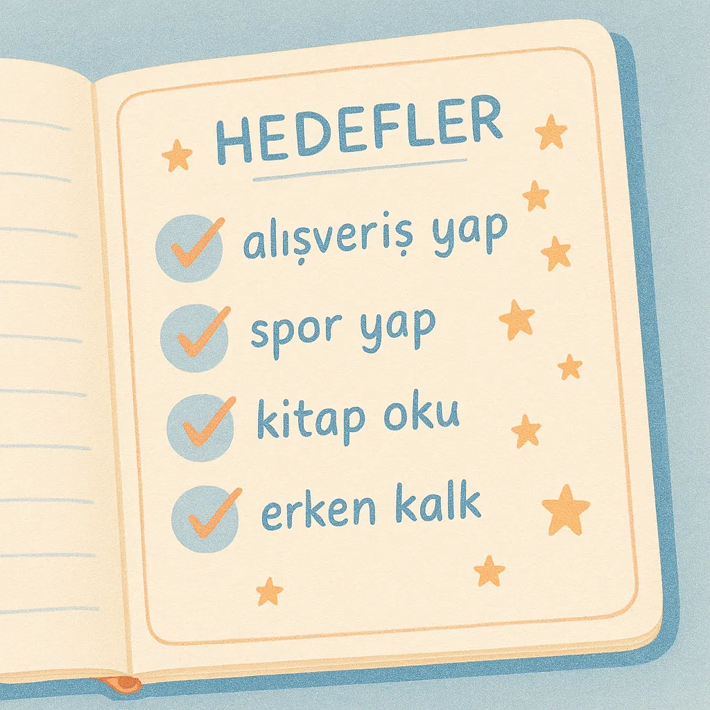 Bir ajandada işaretlenmiş küçük hedefler, yanında minik yıldızlarla desteklenmiş. Renkler pastel mavi ve turuncu tonlarda.