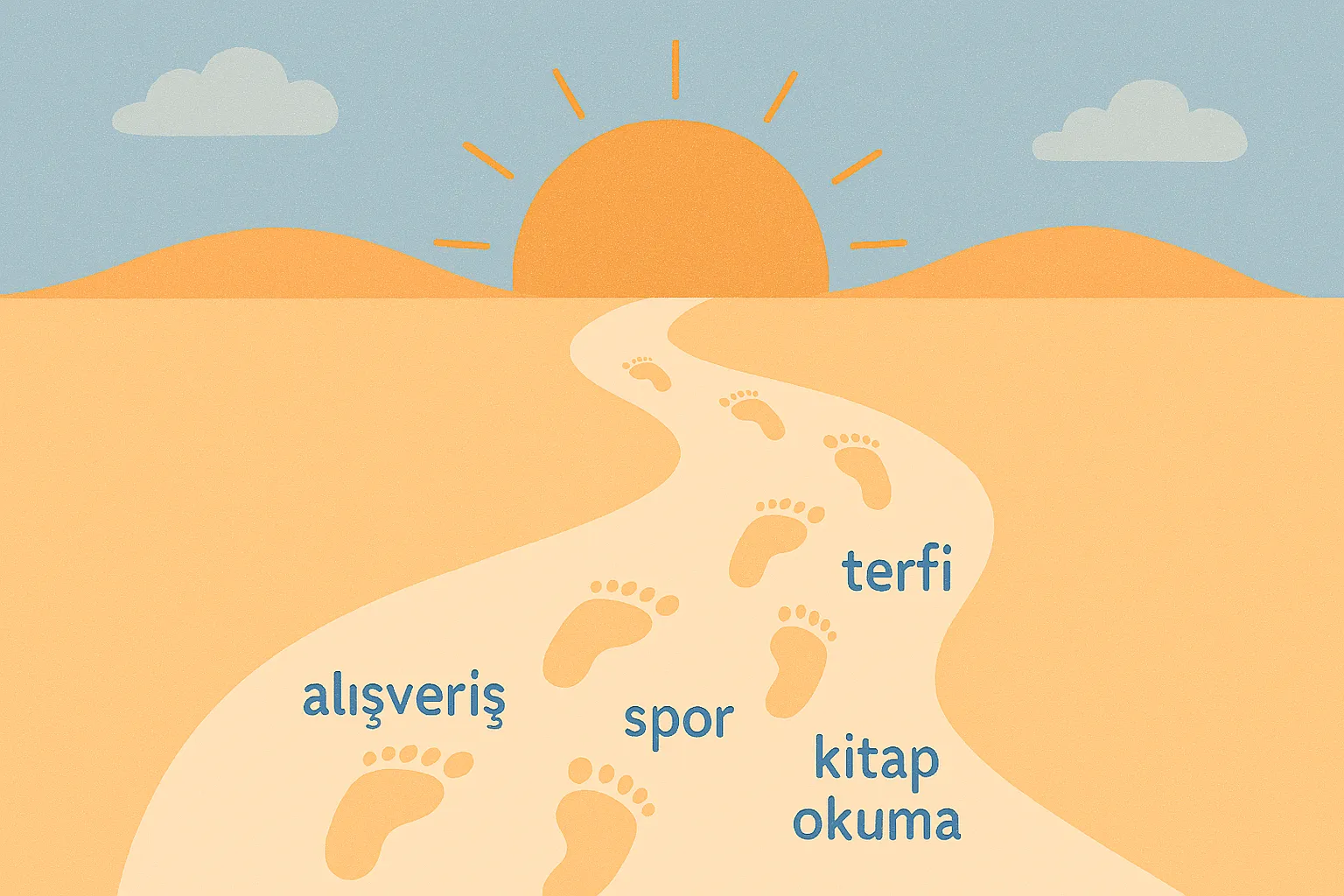 Minik ayak izleri başarı adımlarını simgeliyor, her biri güneşe doğru ilerliyor. Pastel mavi ve turuncu tonlar, hem umut hem de sıcaklık hissi veriyor. Türkçe yazılarla desteklenmiş bu sahne, hem Shorts hem de blog içeriklerinde “ilerleme” ve “başarı yolculuğu” teması için harika bir görsel altyapı sunuyor.