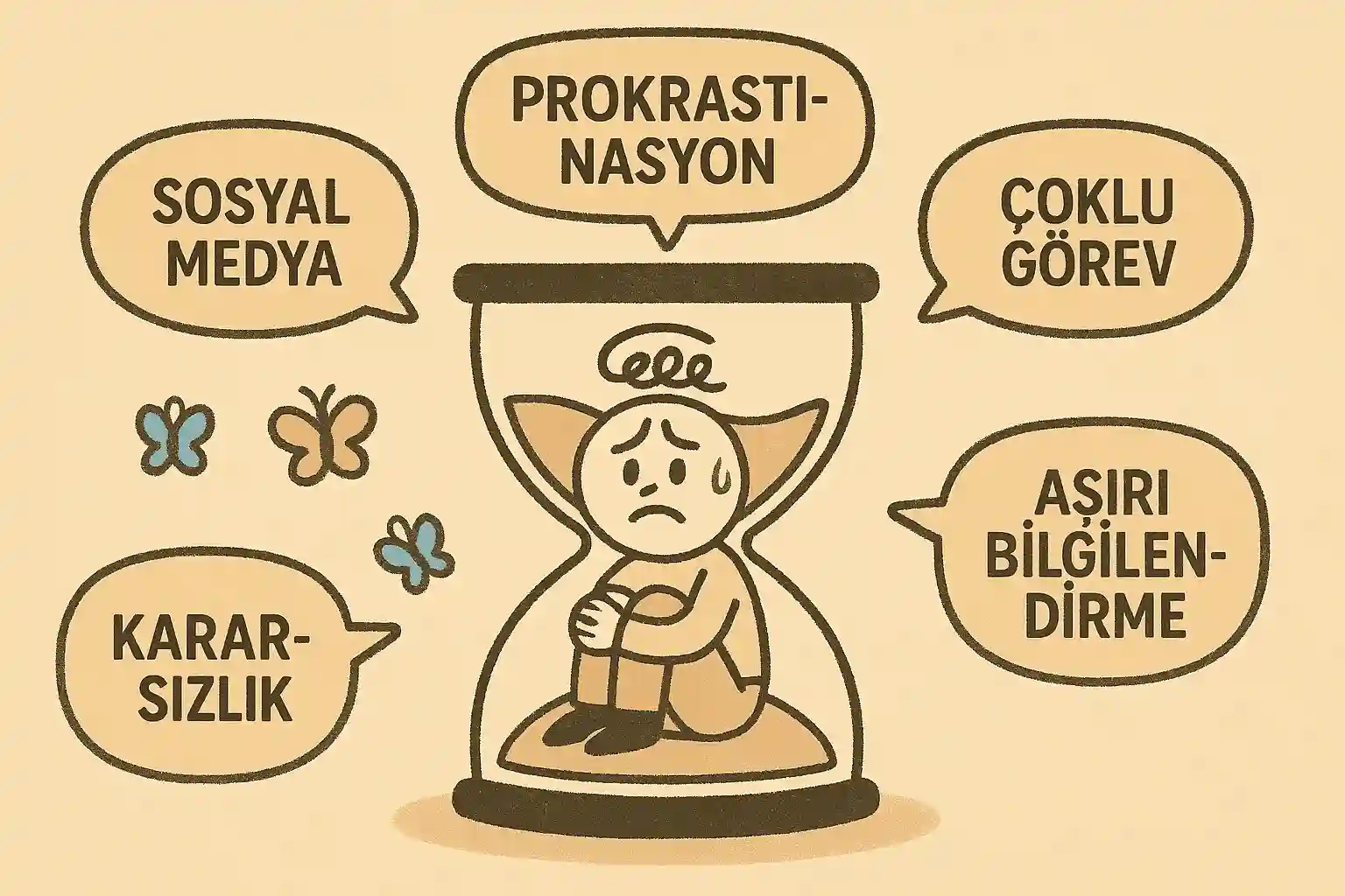 Bir saat içinde hapsolmuş hayali bir karakter, etrafında 'Sosyal Medya', 'Prokrastinasyon', 'Çoklu Görev', 'Kararsızlık', 'Aşırı Bilgilendirme' yazan balonlar