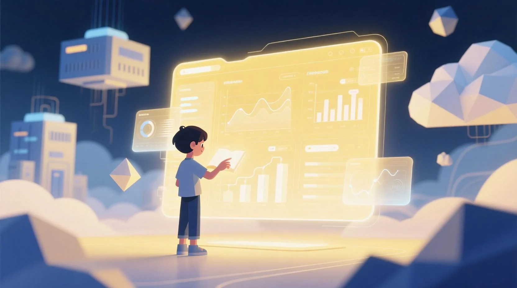 Dijital öğrenme illüstrasyonu: genç kullanıcı ekran başında grafikler ve veri görselleriyle etkileşimde, arka planda bulut bilişim ve soyut şekiller.  