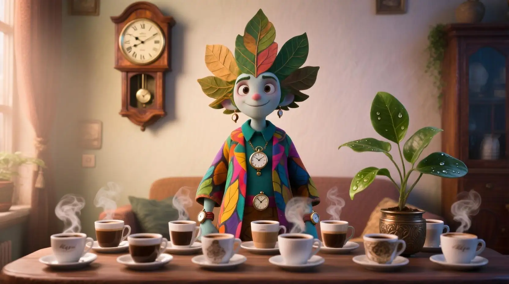 Hayali bir karakterin elinde bir günlük plan defteri, üzerinde renkli yaprak işaretler ve saatler; masanın üzerinde düzenli kahve fincanı ve bitki, arka planda sakin bir duvar saati