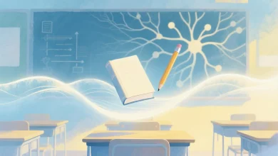 Pastel tonlarda sınıf ortamı, duygusal zekâyı simgeleyen kitap ve kalem, ışık dalgaları ve nöron ağı ile dijital illüstrasyon.