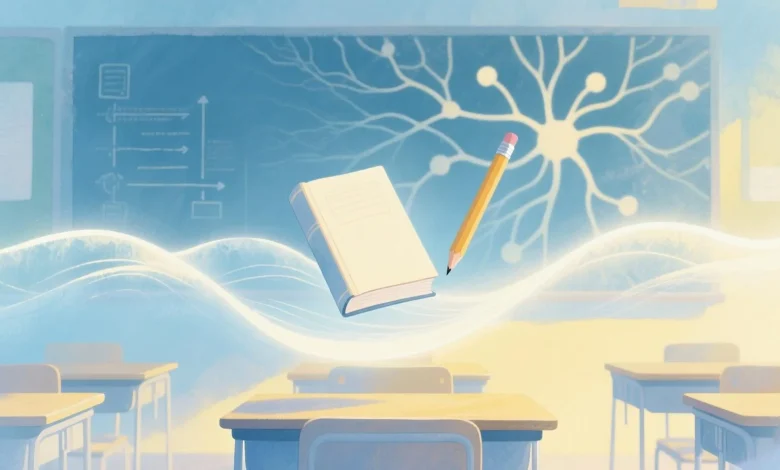 Pastel tonlarda sınıf ortamı, duygusal zekâyı simgeleyen kitap ve kalem, ışık dalgaları ve nöron ağı ile dijital illüstrasyon.