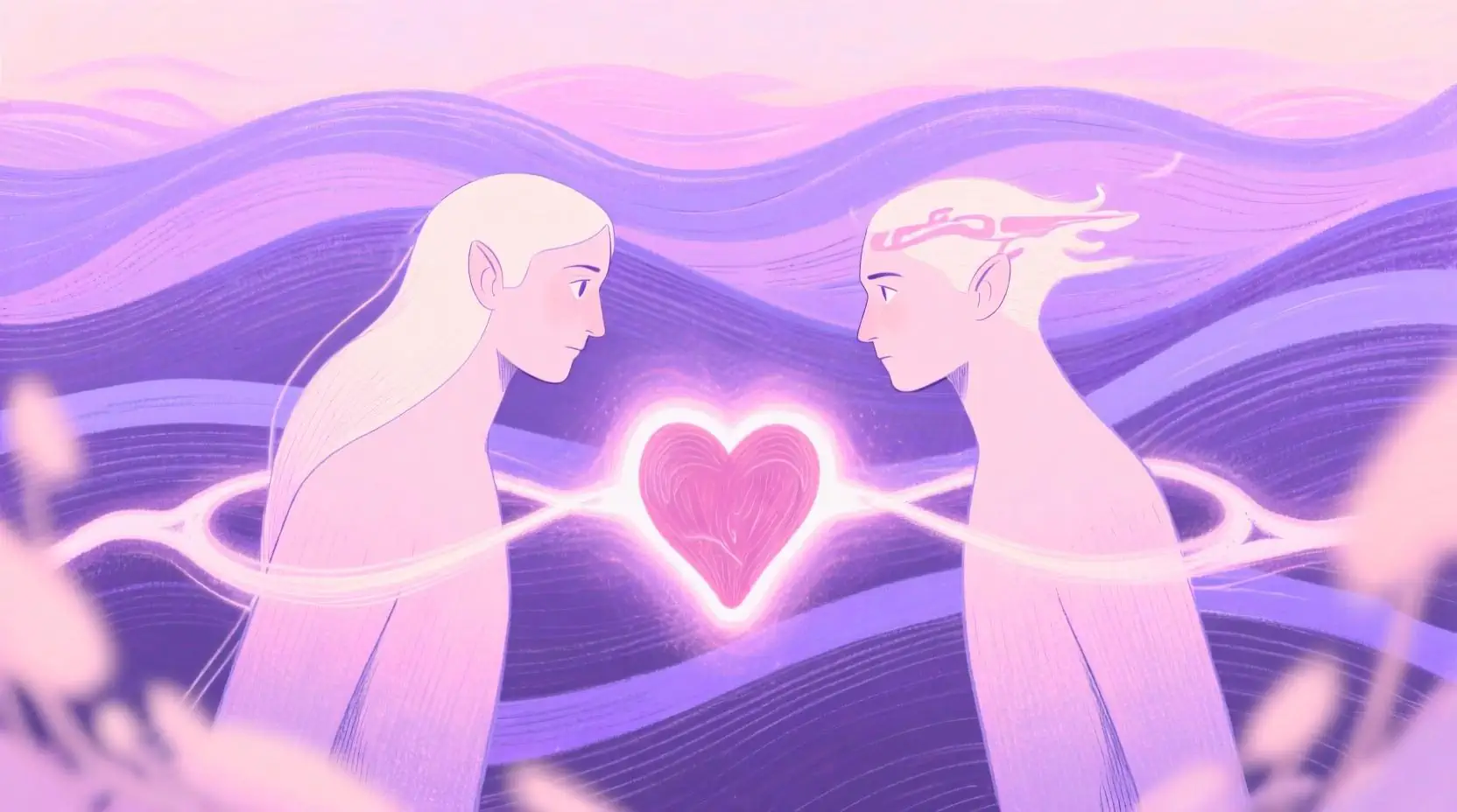 Duygusal bağ illüstrasyonu: iki figür arasında kalp enerjisi, pastel mor ve pembe tonlar, arka planda duygusal renk dalgaları.  