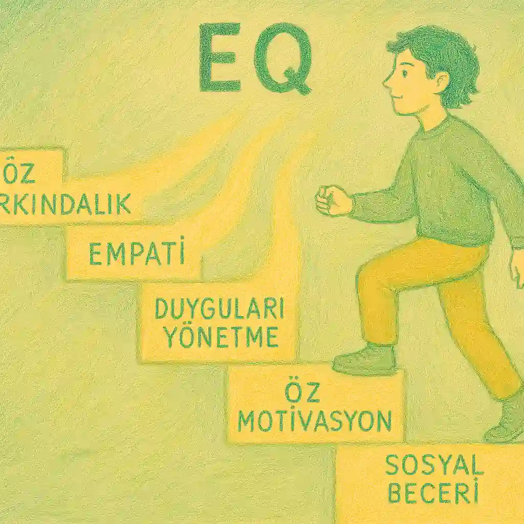 Öğrenci EQ gelişimi, duygusal beceri basamaklarıyla merdiven metaforu, pastel tonlarda dijital illüstrasyon.