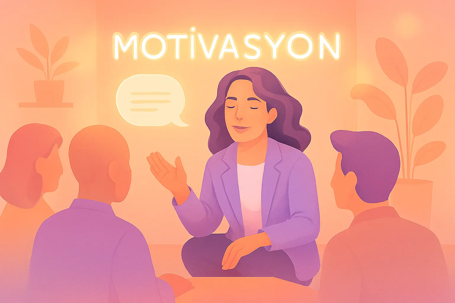 Pastel turuncu ve mor tonlarda ofis ortamı; hayali kadın lider ekibinin yanında çömelmiş, göz hizasında konuşuyor. Arka planda ışıklı motivasyon panosu ve bitkilerle dolu sakin atmosfer.