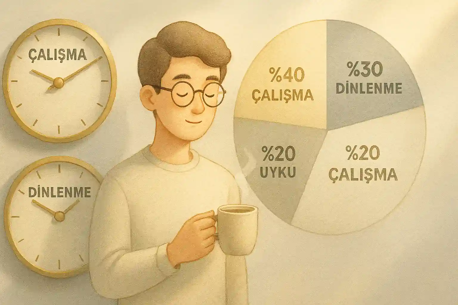 Öğrenci, çalışma ve dinlenme saatleri ile kahve fincanı; arka planda denge grafiği ve ritim teması, pastel gri ve altın tonlar.