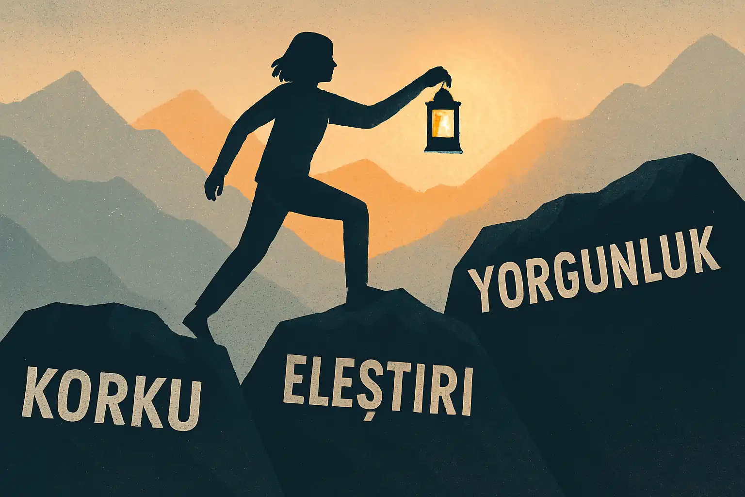 Engelleri aşan karakter, elinde ışıklı fenerle dağ manzarasında umut veren metaforik illüstrasyon.