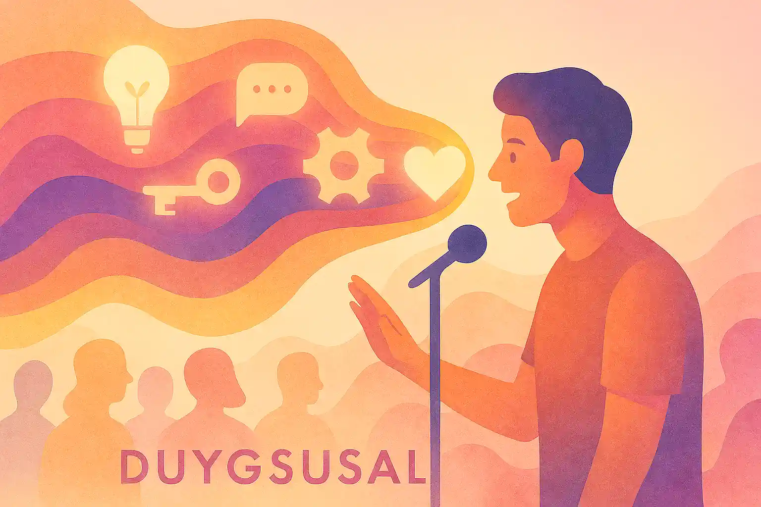 İletişim illüstrasyonu: mikrofon önünde konuşan figür, fikir ve sembol dalgaları, izleyici figürleri, pastel turuncu ve pembe tonlar, dinamik atmosfer.