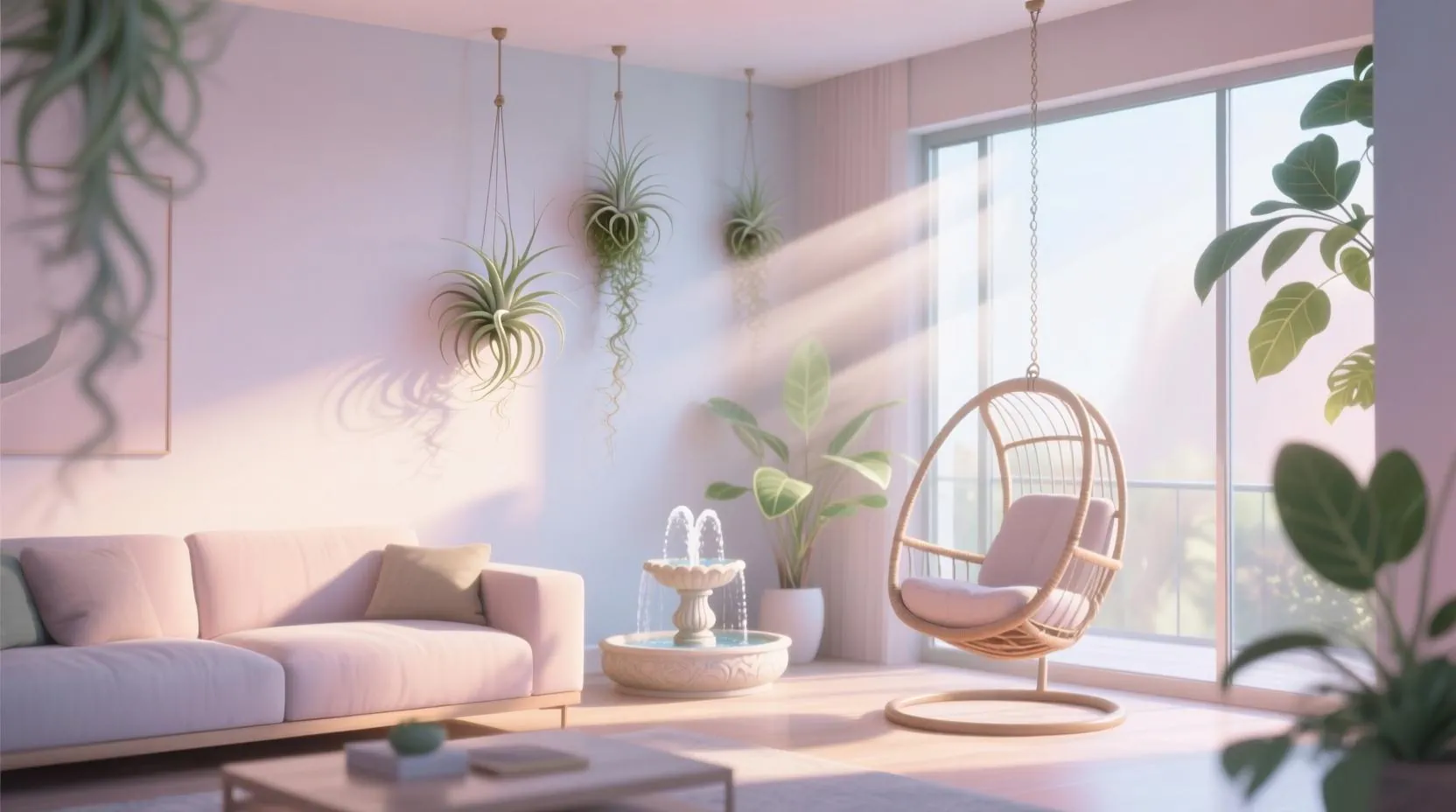 Pastel tonlarda modern oturma odası, hava bitkileri, salıncak sandalye ve su fıskiyesiyle dijital illüstrasyon.