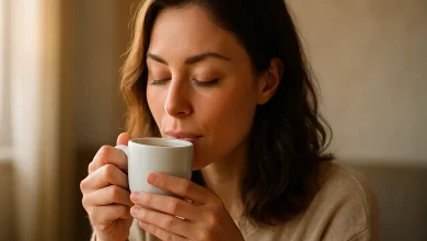 sabah ışığında kahve fincanını iki eliyle tutarken, huzurlu ve farkındalıkla içen bir kadın, doğal makyaj, yumuşak arka plan