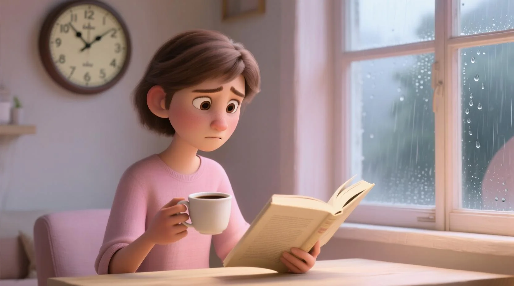 Yavaş yaşam ve minimalizm: kahve ve kitap tutan eller, yavaş saat ibreleri, pastel sarı ve pembe tonlar, huzurlu atmosfer.