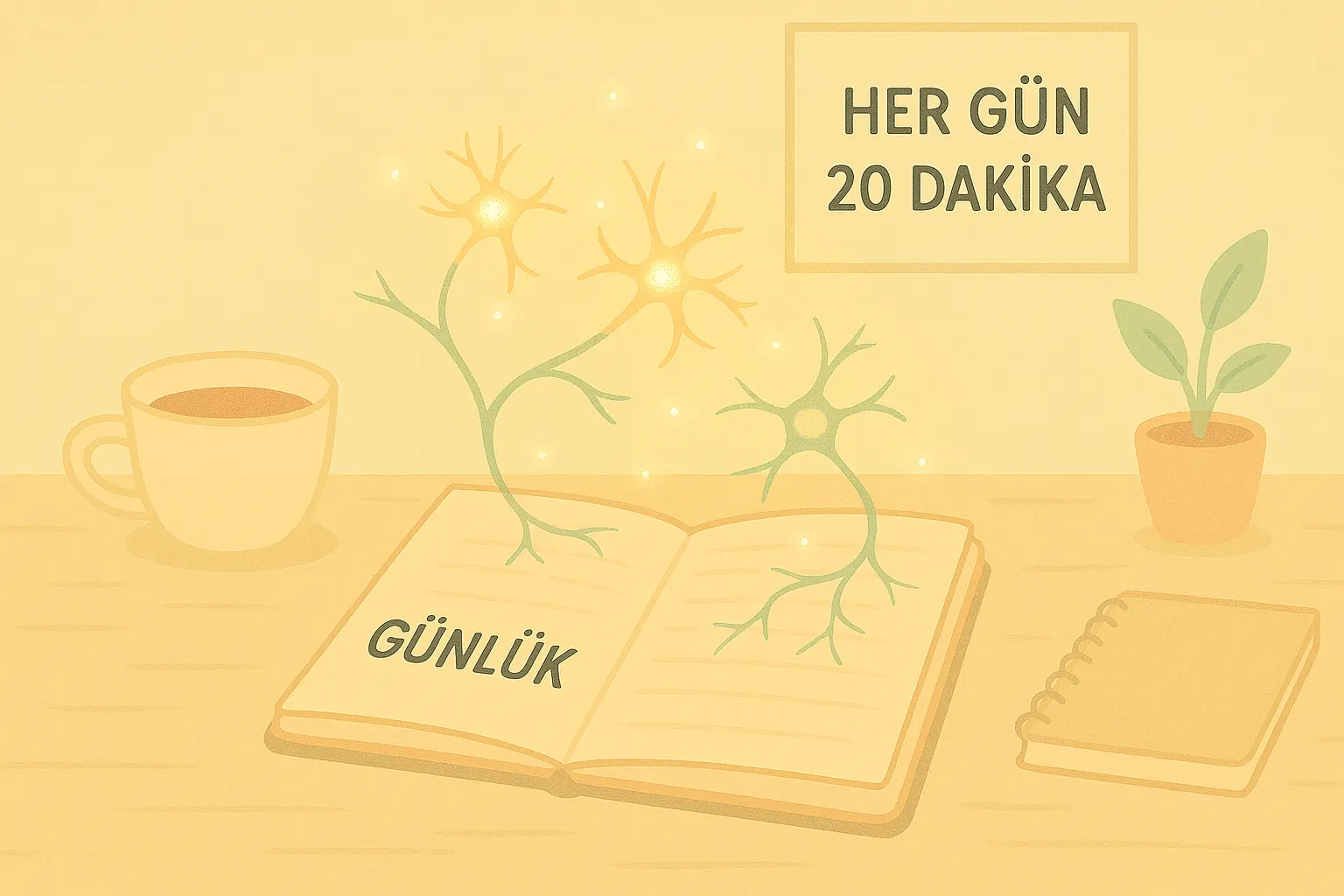 Masanın üzerinde bir günlük, kahve fincanı, not defteri ve küçük bir bitki; arka planda duvarda “Her gün 20 dakika” yazılı poster, pastel sarı ve krem tonlar, ışıklı nöronlar defterin üzerinde uçuşuyor
