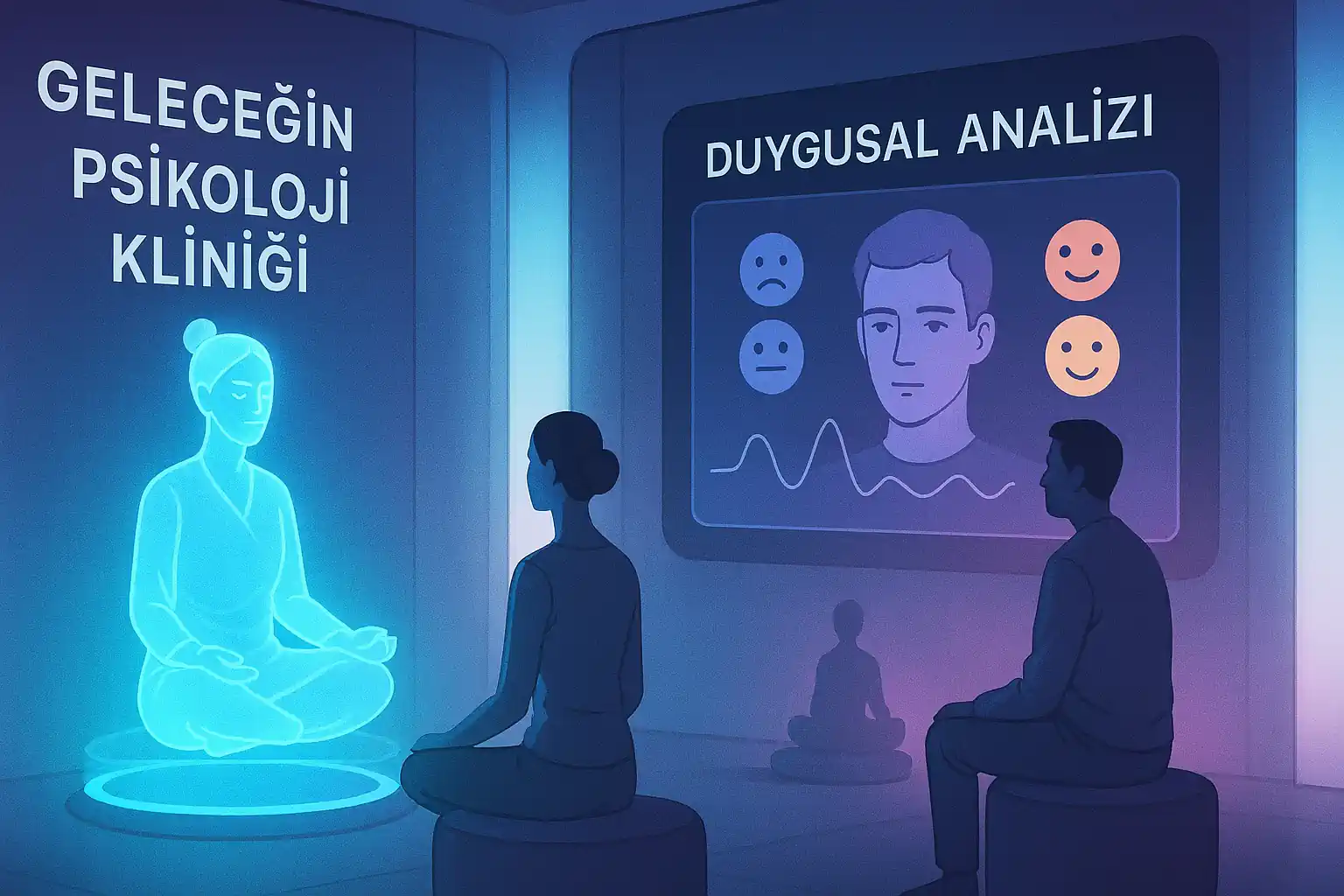 Geleceğin psikoloji kliniğini temsil eden bir sahne: holografik meditasyon rehberleri, yapay zeka destekli duygusal analiz ekranları, insan figürleri sakinleştirici ışık alanlarında oturuyor.