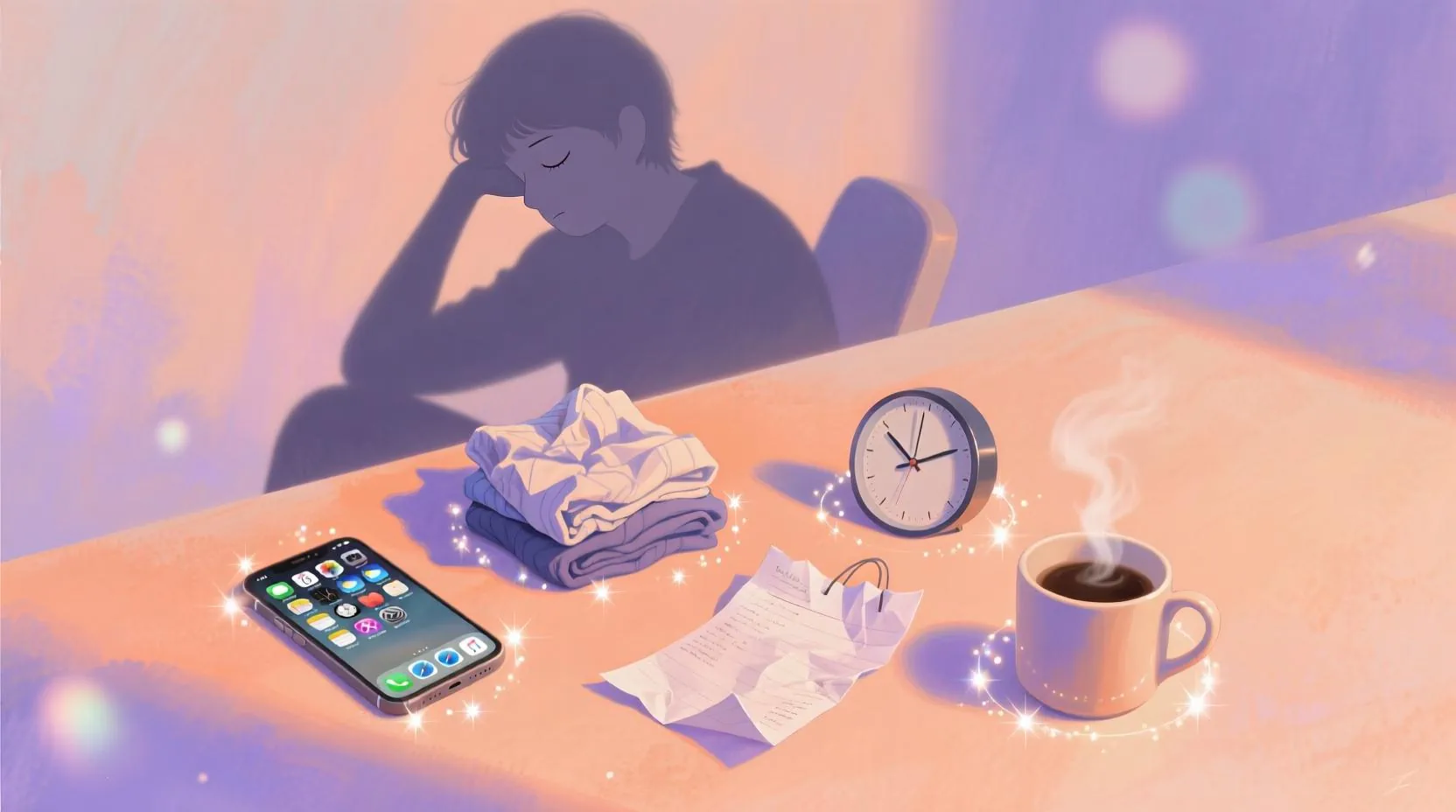 Pastel turuncu ve lavanta masaüstü, telefon, giysi yığını, alışveriş listesi, saat ve kahve fincanı ışık parıltılarıyla çevrili; arkada başını elleriyle tutan insan silueti.  