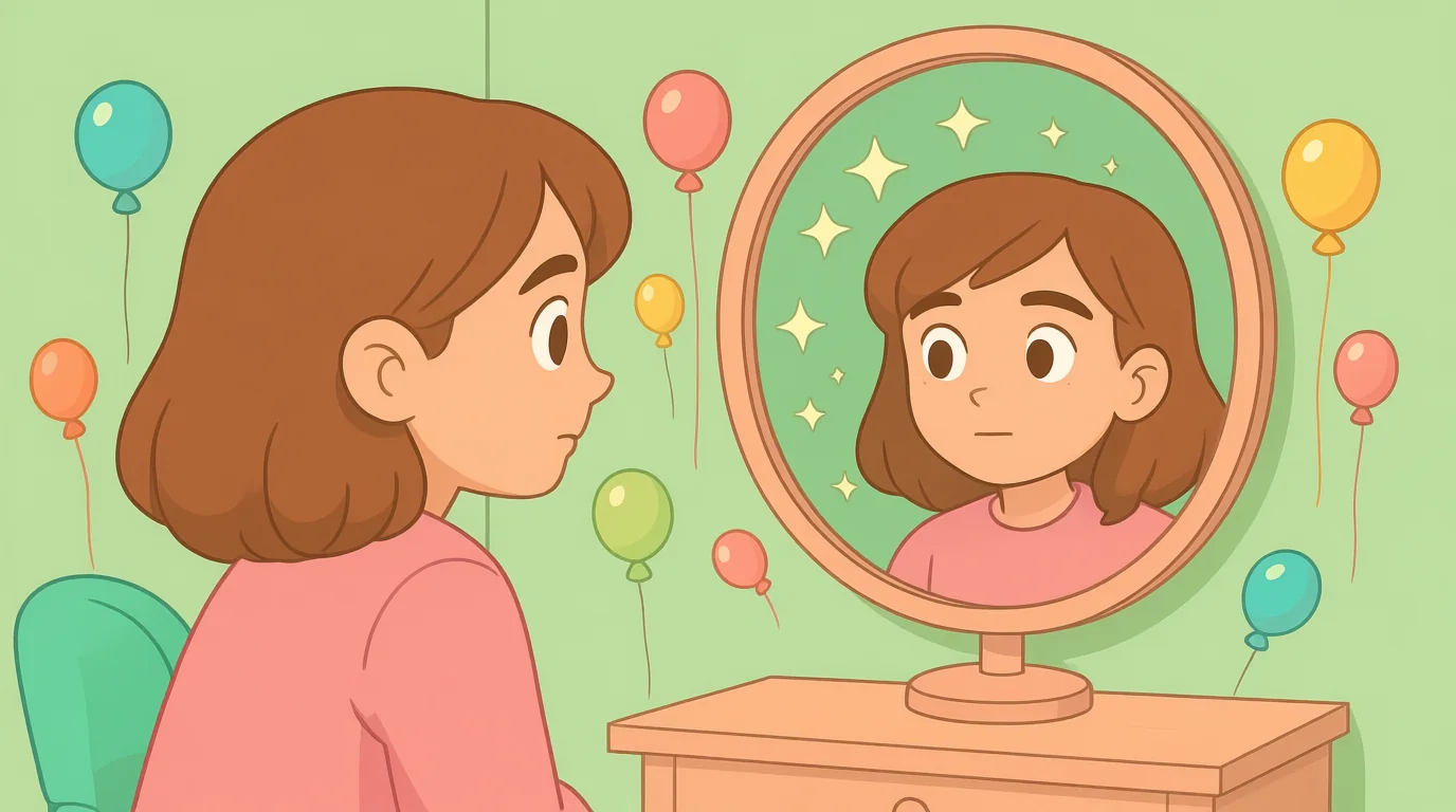 Pastel yeşil odada hayali kadın, aynada sakin ifadesi ve etrafında uçuşan ışık baloncuklarıyla içsel düşünce teması, çizgi film tarzı.