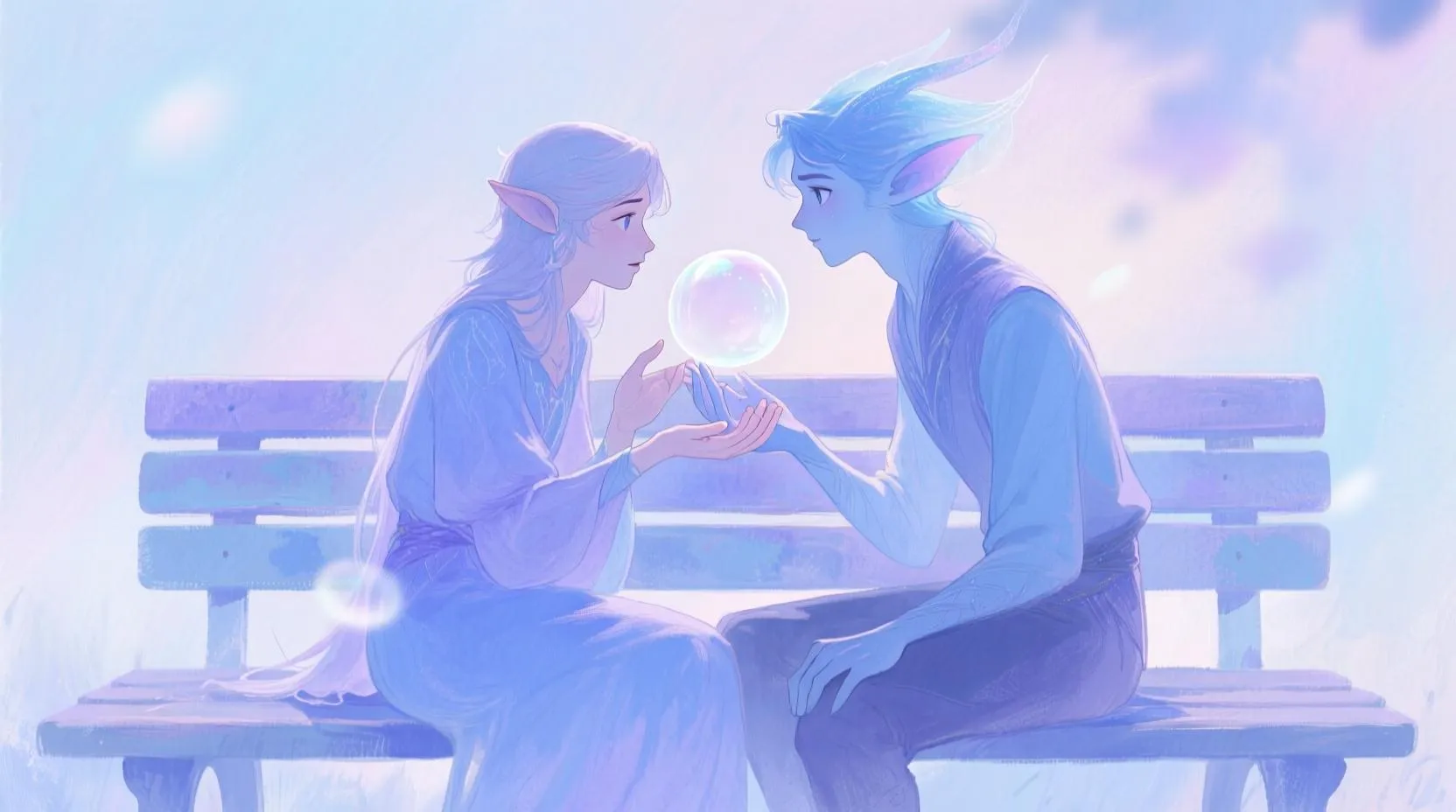 İki hayali karakterin yumuşak mavi ve lavanta tonlarında bir bankta oturduğu, birinin konuşurken diğerinin gözlerinin içine baktığı ve ellerinin hafifçe birbirine dokunduğu, aralarında şeffaf bir enerji baloncuğunun dolaştığı illüstrasyon.