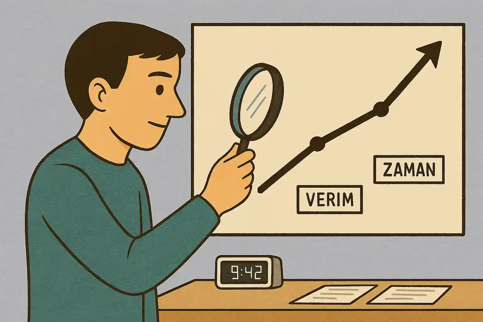 Bir grafiğin yükselen eğrisini elindeki büyüteçle izleyen çizgi roman tarzı bir karakter; arka planda pastel gri ve mavi tonlar, grafikte 'Odak', 'Verim', 'Zaman' etiketleri