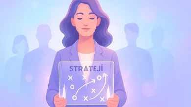 Kadın lider pastel tonlarda, elinde şeffaf strateji haritası; etrafında ekip üyeleriyle uyumlu atmosfer, mavi ve mor tonlarda güçlü liderlik teması.