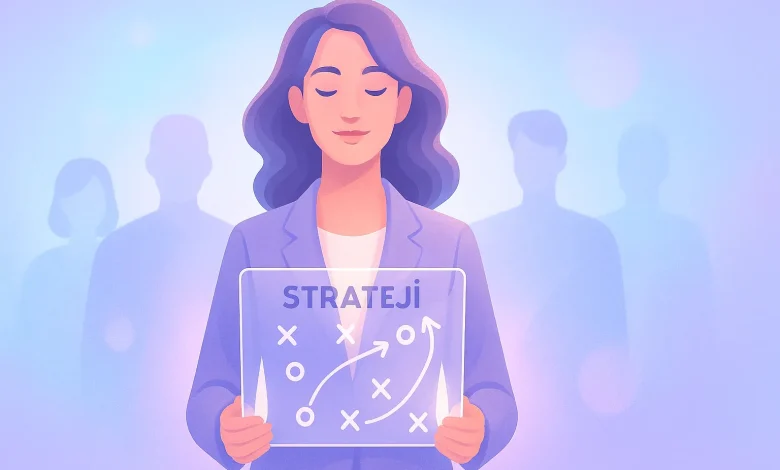 Kadın lider pastel tonlarda, elinde şeffaf strateji haritası; etrafında ekip üyeleriyle uyumlu atmosfer, mavi ve mor tonlarda güçlü liderlik teması.