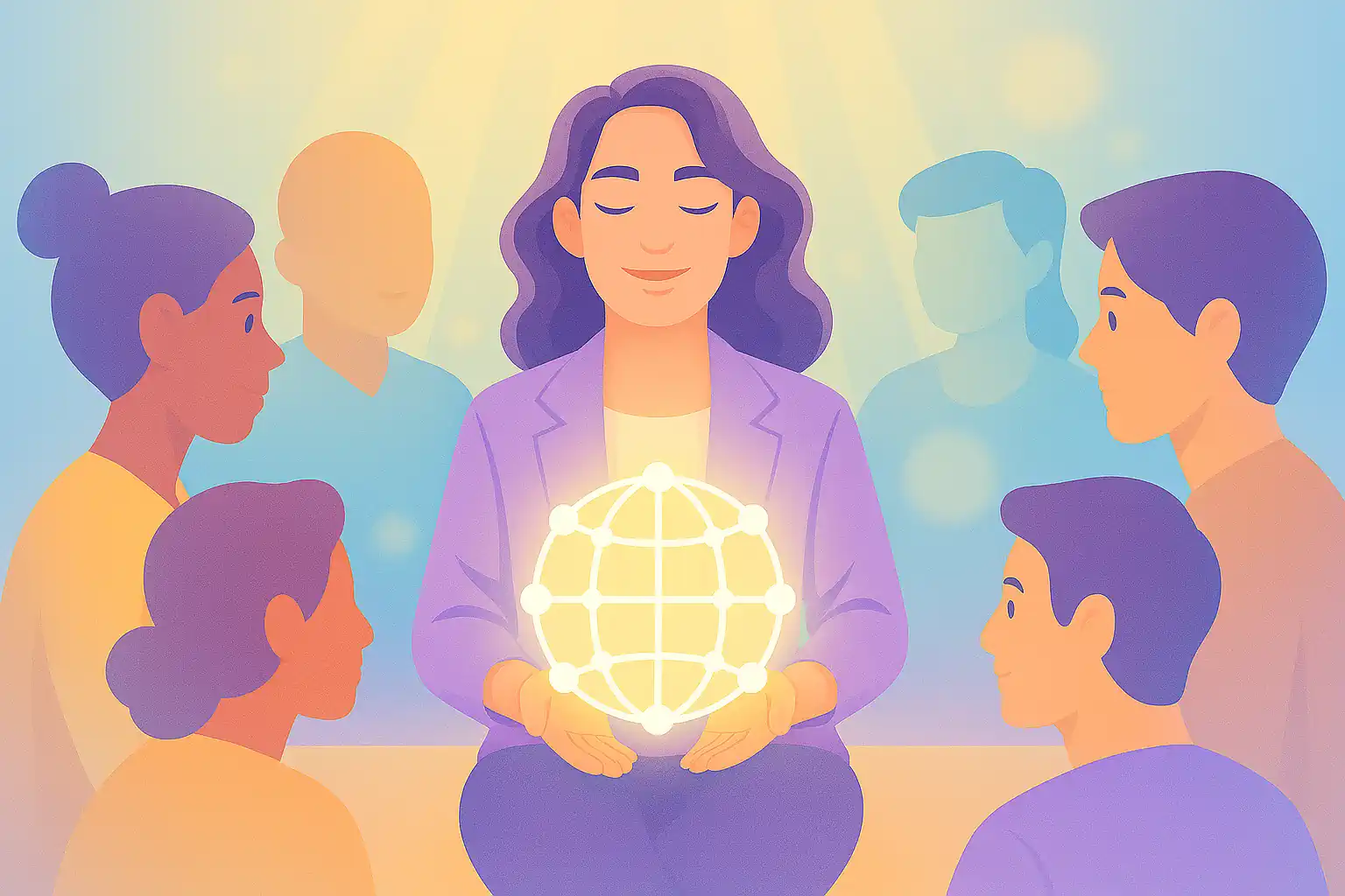 Pastel mavi ve sarı tonlarda toplantı odası; hayali kadın yönetici, farklı etnik kökenlere sahip ekibin ortasında, ellerinde küresel ağ modeli tutuyor. Işık huzmeleriyle kapsayıcı atmosfer.